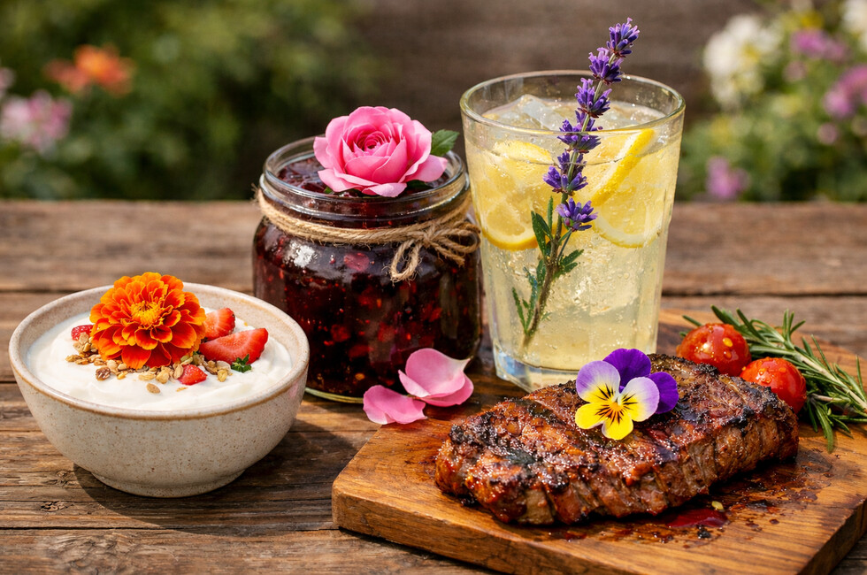 цветы еда фиалка роза бархатцы лаванда мясо лимонад варенье йогрут